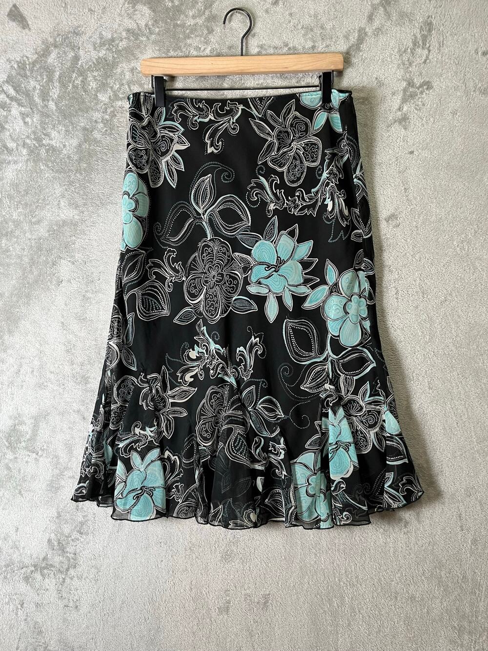 Y2K Floral Mesh Midi Skirt Black Aqua Ruffle Hem Fairy Grunge Romantic Goth 10